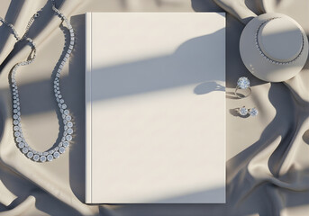 High-Fashion Magazine Mockup with Glossy Cover on Silk Fabric Beside Diamond Jewelry, Luxury Studio Light Scene