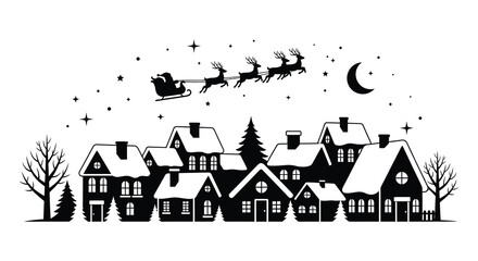 Charming winter village scene with santa claus flying in sleigh silhouette