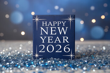 Happy New Year 2026 greeting card with bold white text on dark blue background, sparkling silver and blue glitter, festive bokeh lights, and celebratory design generative ai