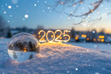 Snowy winter 2025 celebration with glowing illuminated numbers, glass sphere reflection, falling snowflakes, cozy festive lights, and magical seasonal atmosphere generative ai