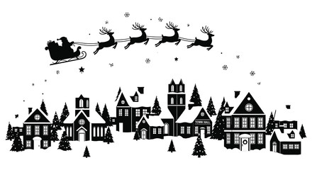 Santa claus flying in his sleigh pulled by reindeer over a snowy village silhouette