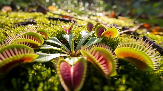 Low angle of Venus flytrap on mossy ground, open traps showing red interiors and spiked edges