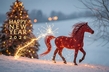 Magical glowing horse lights in snowy winter landscape with Christmas tree, festive decorations, and Happy New Year 2026 greeting for holiday celebration generative ai