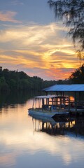 Fototapeta premium Pontoon boat docked beside pier at sunset