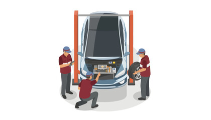 Fototapeta premium Three mechanics working on a car in a lift with tools