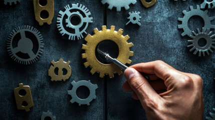 Crafting intricate mechanisms with hands and gears on a dark surface highlighting innovation and precision