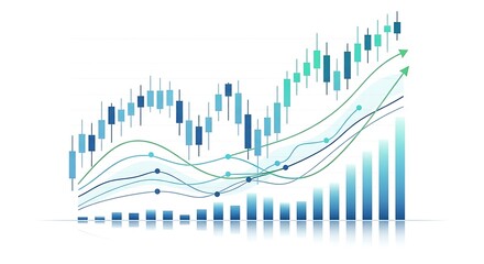 Financial stock market candlestick chart with growing trend and volume bars
