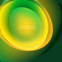 Abstract vibrant layers create flowing circular design. Yellow, green hues blend smoothly, offering modern aesthetic. Background text present.