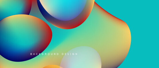 Abstract colorful shapes overlap, creating vibrant gradients. Turquoise dominates background, with red, yellow, blue accents. Modern design element.
