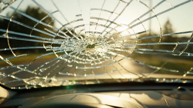 View from inside a vehicle of a cracked and shattered windshield after a dangerous car crash, with the sun setting on the road ahead and creating a dramatic lens flare through the broken glass