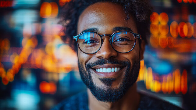 Young man grinning confidently in front of colorful financial data display during productive work session