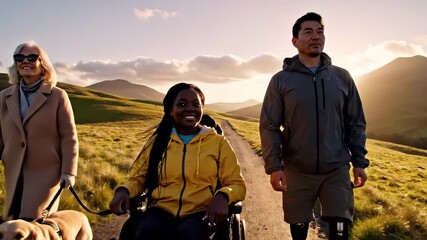 Diverse group of friends with disabilities enjoying a scenic walk with a dog at sunset. - Powered by Adobe