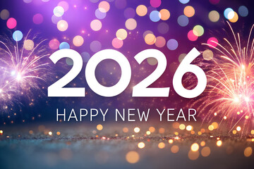 Happy New Year 2026 celebration with bold white text, colorful bokeh lights, dazzling fireworks, and festive atmosphere marking the start of a joyful year generative ai