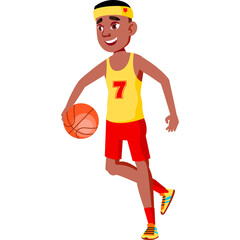Young Boy Dribbling Basketball Wearing Yellow Tank Top Red Shorts and Headband In A Sports Scene Isolated On White