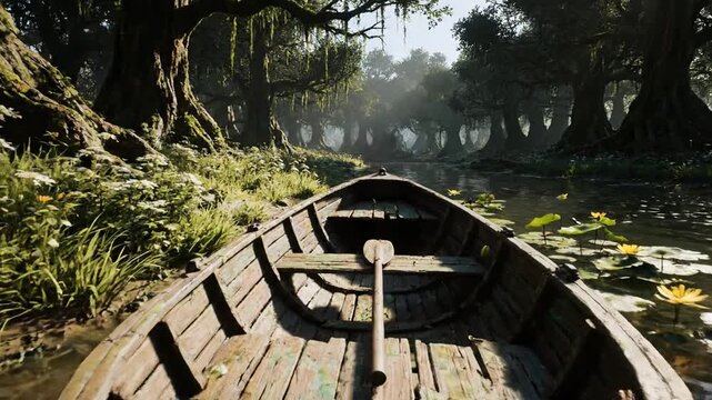 Fantasy landscape swamp old wooden boat swings on river overgrown with plants green grass white flowers, wild water lilies cod, forest trees fresh summer nature fairy lake. Post-apocalypse concept
