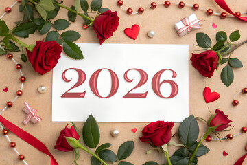Romantic 2026 celebration with red roses, hearts, gift boxes, ribbons, and pearls surrounding a decorative card, symbolizing love, festivity, and joy generative ai