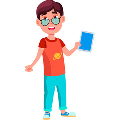 Young Boy Wearing Glasses and Casual Clothes Holding a Digital Tablet With a Smile on White Background