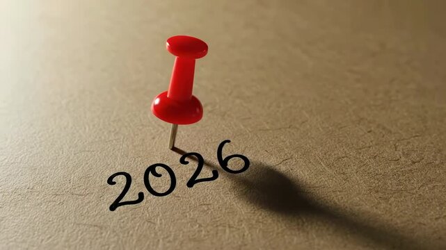 Pino vermelho marcando o ano de 2026 em papel kraft. Conceito de metas e planos para o Ano Novo