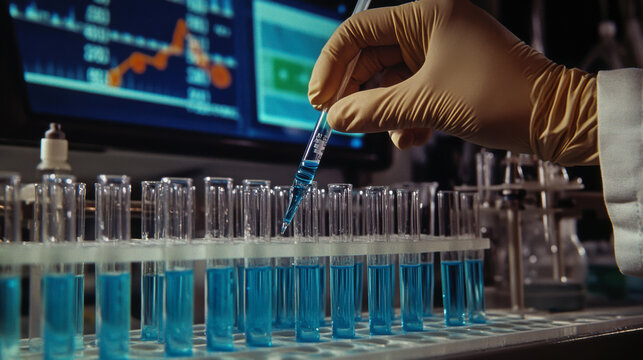 Laboratory technician conducts experiments with test tubes in a modern facility during late afternoon hours