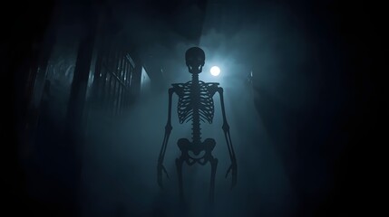 Shadowy blurred silhouette of a creepy skeleton standing in a dark foggy hallway