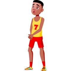 Young Boy Wearing Yellow Tank Top and Red Shorts Standing Against White Background Showing Concern Expression on His Face