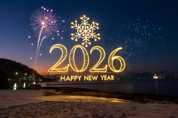 Happy New Year 2026 waterfront celebration with fireworks, glowing snowflake display, illuminated text, city lights, and festive winter atmosphere generative ai