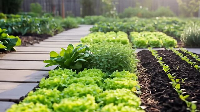 Garden rows showing lettuce varieties and seedling growth under soft sunlight