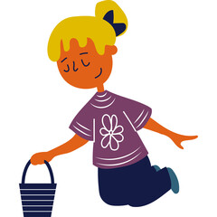Young Girl with Blond Ponytail and Purple T Shirt Holding a Bucket with Eyes Closed Smiling Happily Isolated on White Background