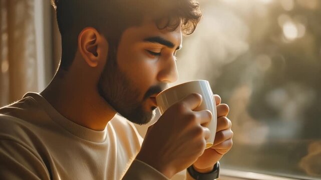 Close-up of a man sipping coffee from a white mug while sitting by a sunny window with a blurred outdoor background.