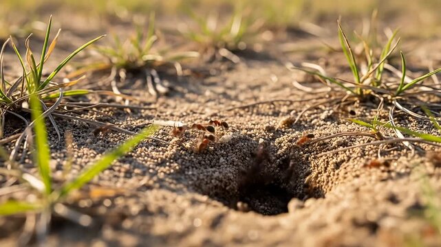 Ants scurry around the entrance of a small ant hill, surrounded by dry grass