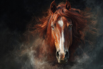 Beautiful Red horse with long fiery mane, a realistic , with magical fire around the body, against a black background