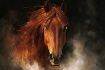 Beautiful Red horse with long fiery mane, a realistic , with magical fire around the body, against a black background