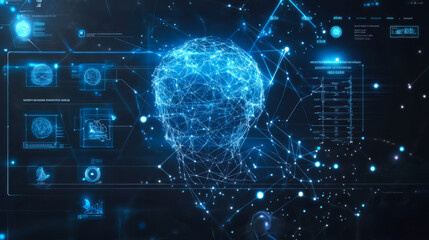 A digital human head made of lines and data points, showcasing AI advancements in a futuristic style