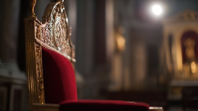 Ornate golden throne with red upholstery, elaborate and regal, in a grand historic interior, close-up view, copy space.