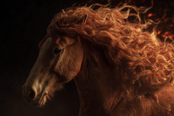 Beautiful Red horse with long fiery mane, a realistic , with magical fire around the body, against a black background