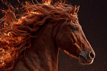 Beautiful Red horse with long fiery mane, a realistic , with magical fire around the body, against a black background
