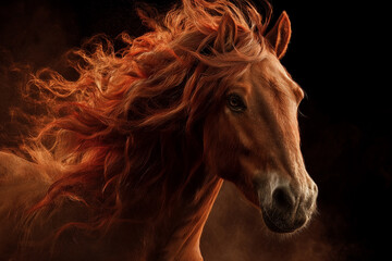 Beautiful Red horse with long fiery mane, a realistic , with magical fire around the body, against a black background