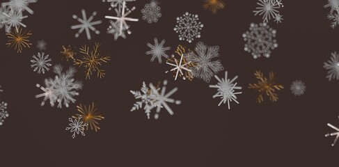 Abstract artwork featuring gold and white snowflakes floating against a brown backdrop. Ideal for winter, Christmas, and festive desi