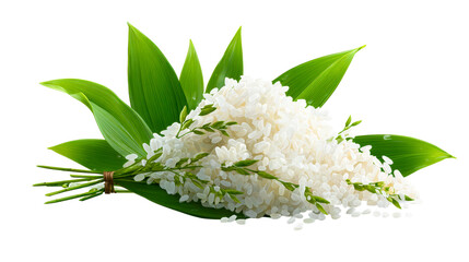 Obraz premium White Rice Grains with Green Leaves on White Background