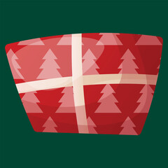 Cartoon box packed in beautiful red paper with pattern isolated on green background.