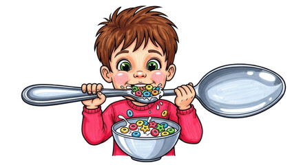 Cheerful boy enjoys colorful cereal, balancing a huge spoon, conveying childhood fun, playful energy, and healthy breakfast choices for a vibrant start