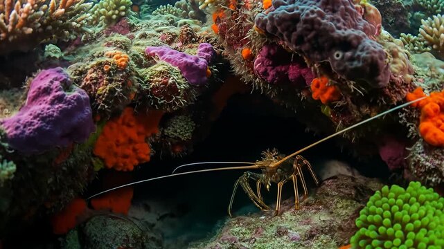 Spiny lobster poses on a rock outcropping surrounded by bright, colorful coral in ocean