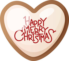 Delicious heart shaped gingerbread with white icing and the inscription Merry Christmas