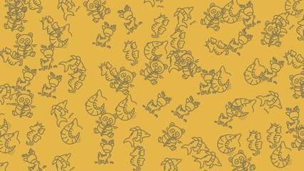 Yellow background filled with cute cartoon animals ideal for childrens books, websites, and educational materials needing a playful touch.
