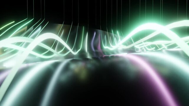 Glowing wavy lines pulsating on a dark reflective surface