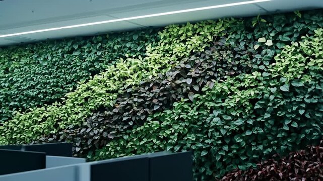 Dense green wall with varying leaf shades, lit from above, and office dividers below