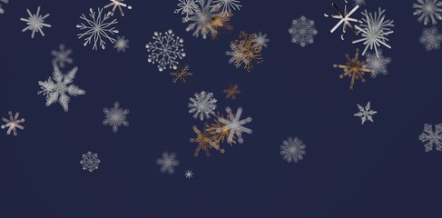 Abstract snowflakes in various shades of white and gold falling on a dark blue background, perfect for winter holiday and Christmas d