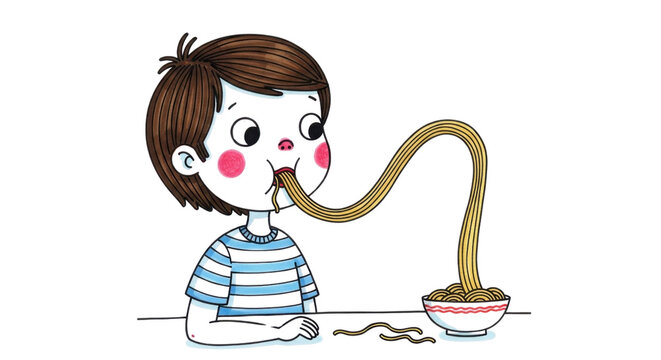 Playful cartoon boy gleefully slurping spaghetti noodles from a bowl, perfect for children's menus, books or whimsical food-related designs and illustrations