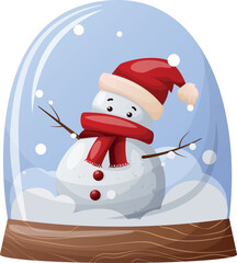 cute cartoon snow globe with a snowman. The little snowman is wearing a Santa hat and a red scarf.