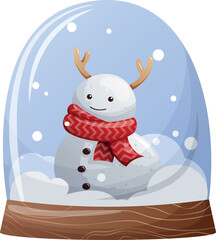 cute cartoon snow globe with a snowman. A small snowman with reindeer antlers and a red scarf.